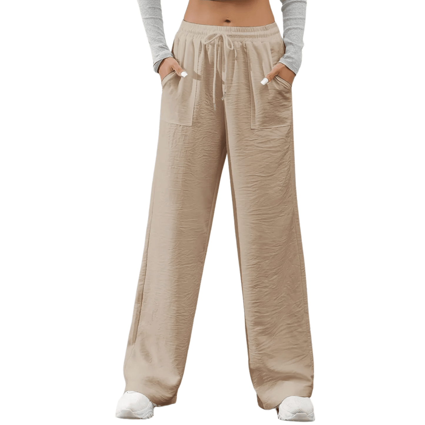 Faustine | Calça Feminina Reta Casual em Sarja com Cintura Elástica e Bolsos Caqui