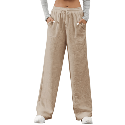 Faustine | Calça Feminina Reta Casual em Sarja com Cintura Elástica e Bolsos Caqui
