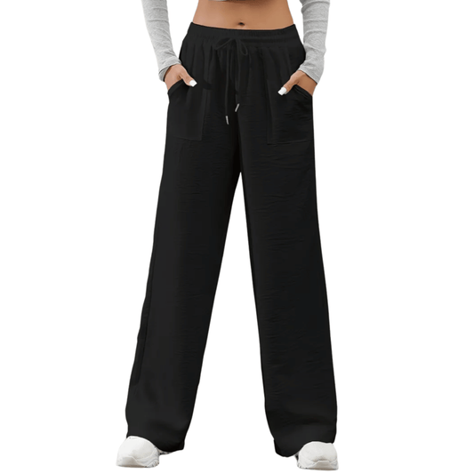 Faustine | Calça Feminina Reta Casual em Sarja com Cintura Elástica e Bolsos Preto
