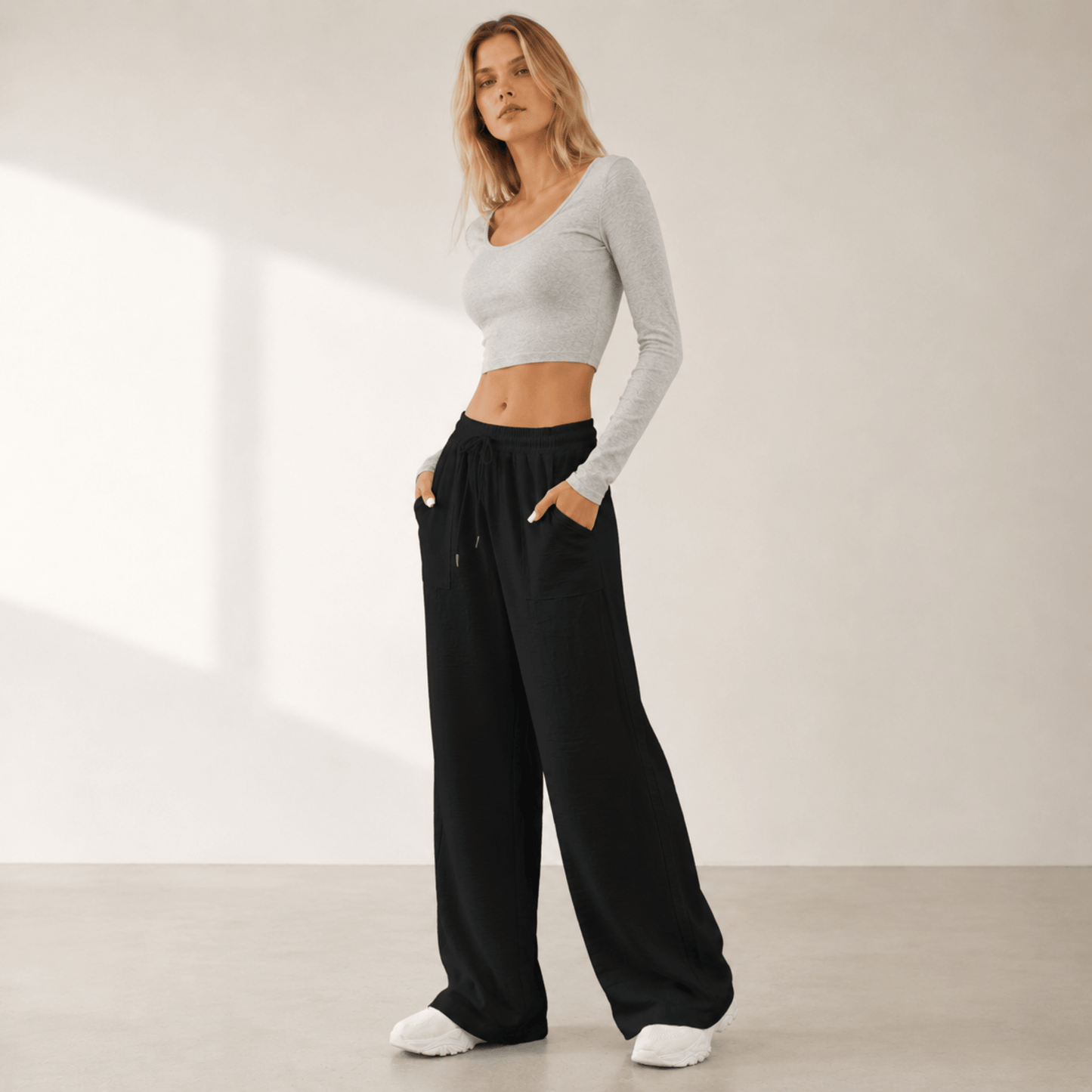 Faustine | Women's Casual Straight Twill Trousers with Elastic Waist and Pockets Black