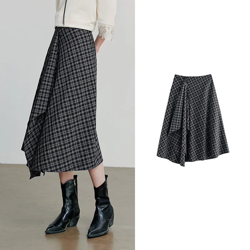 TOYOUTH Women Ankle Length Skirt 2025 Autumn New Wave Style Retro Grid A Line Irregular Umbrella Skirt