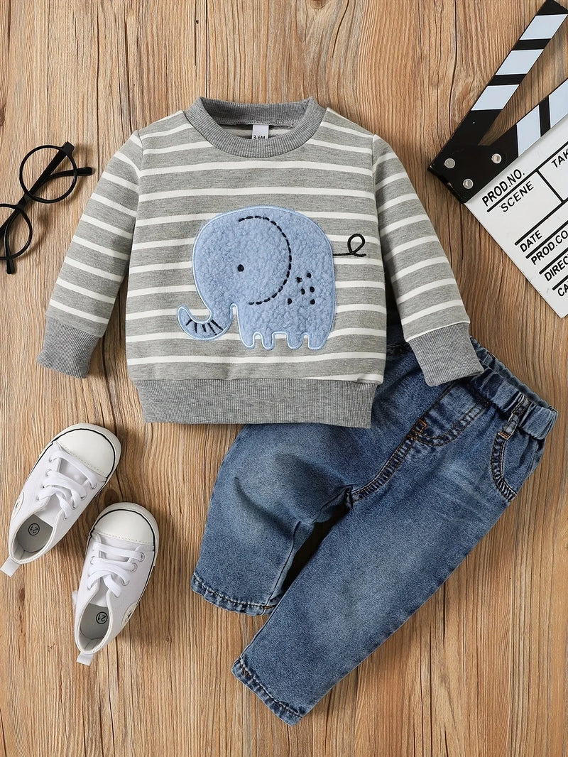 Conjunto listrado de elefantes para meninos e meninas