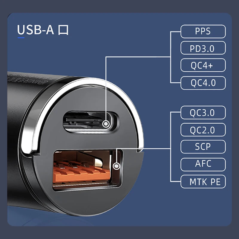 Mini Carregador de Carro USB Tipo C – Carregamento Rápido PD/QC