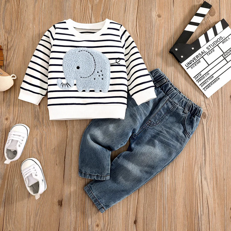 Conjunto listrado de elefantes para meninos e meninas