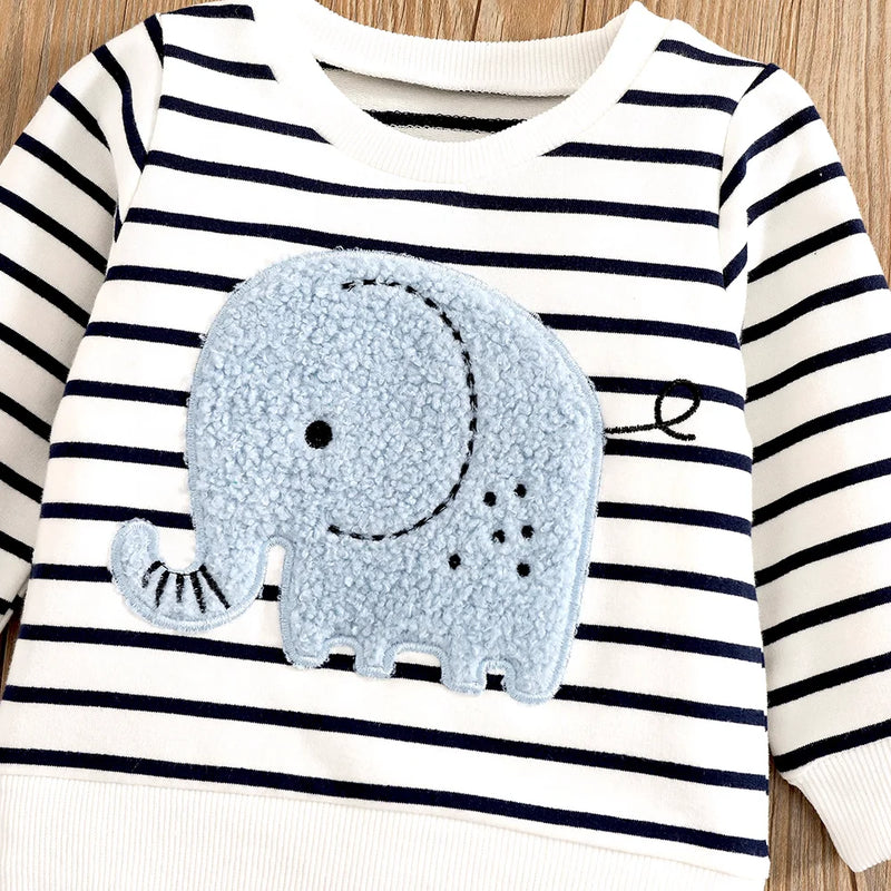 Conjunto listrado de elefantes para meninos e meninas