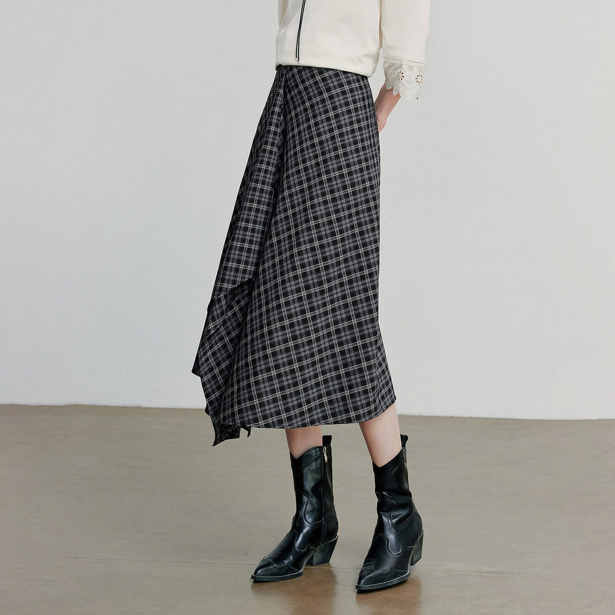 TOYOUTH Women Ankle Length Skirt 2025 Autumn New Wave Style Retro Grid A Line Irregular Umbrella Skirt