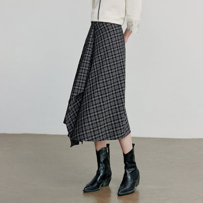 TOYOUTH Women Ankle Length Skirt 2025 Autumn New Wave Style Retro Grid A Line Irregular Umbrella Skirt