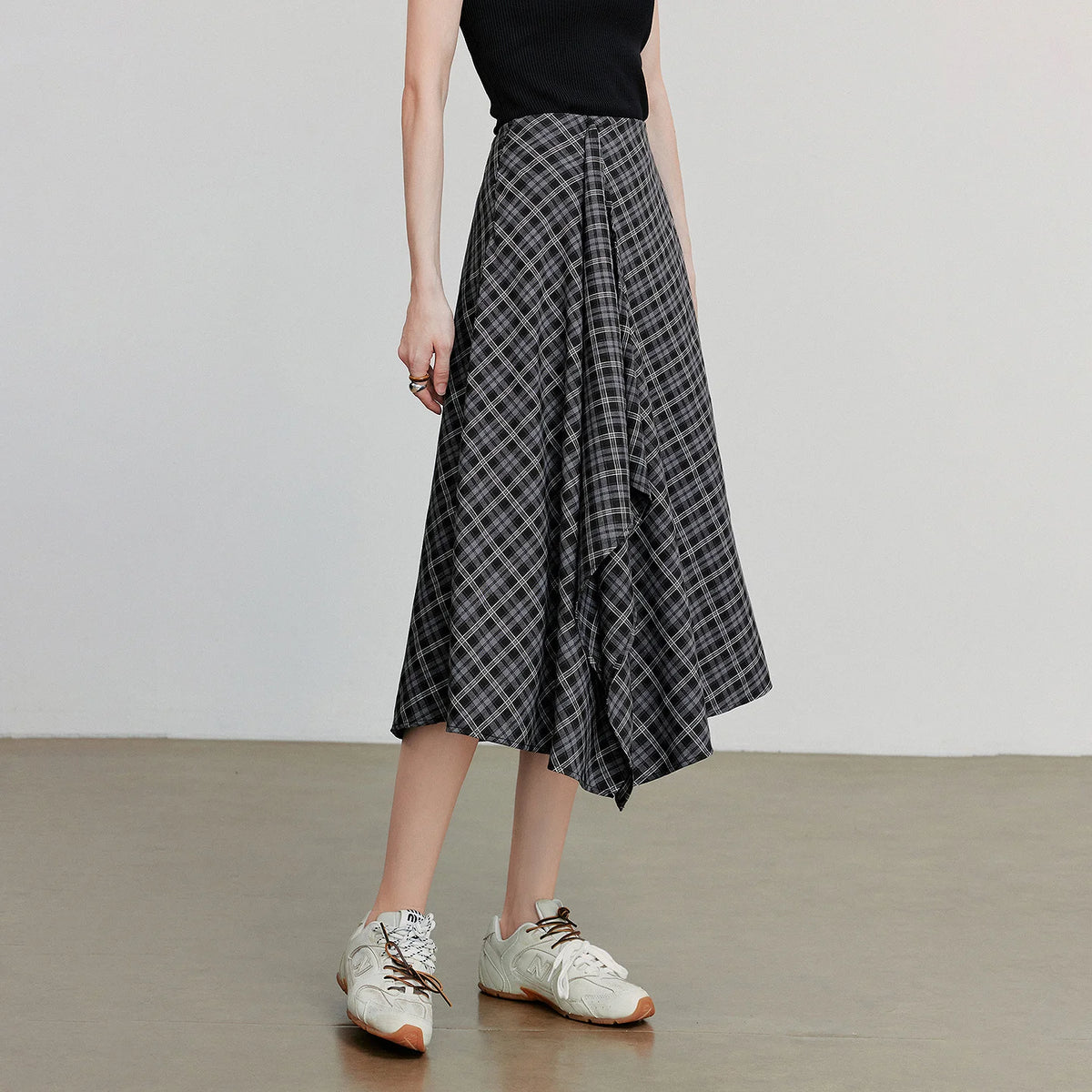 TOYOUTH Women Ankle Length Skirt 2025 Autumn New Wave Style Retro Grid A Line Irregular Umbrella Skirt
