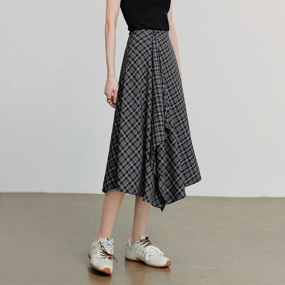 TOYOUTH Women Ankle Length Skirt 2025 Autumn New Wave Style Retro Grid A Line Irregular Umbrella Skirt