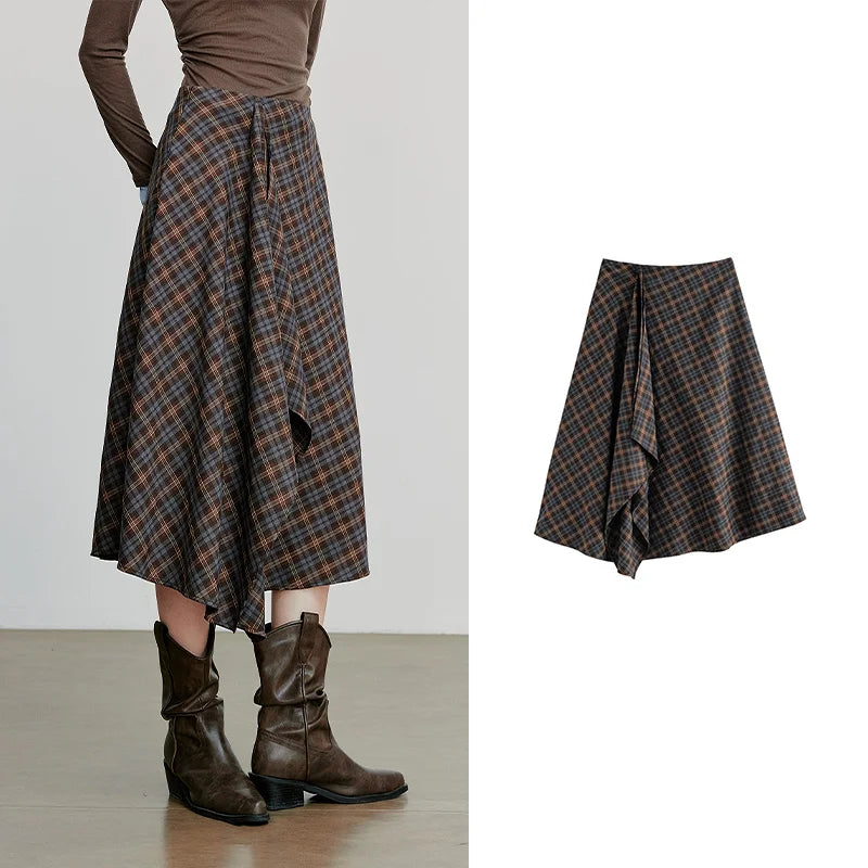 TOYOUTH Women Ankle Length Skirt 2025 Autumn New Wave Style Retro Grid A Line Irregular Umbrella Skirt