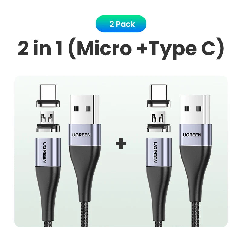 Cabo Magnético USB-C / Micro USB – 3A Carregamento Rápido