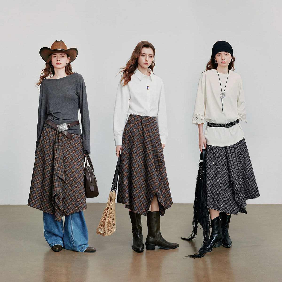 TOYOUTH Women Ankle Length Skirt 2025 Autumn New Wave Style Retro Grid A Line Irregular Umbrella Skirt
