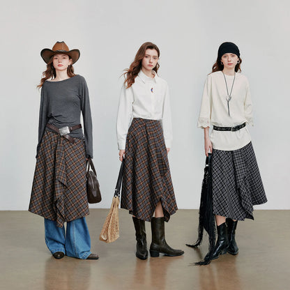 TOYOUTH Women Ankle Length Skirt 2025 Autumn New Wave Style Retro Grid A Line Irregular Umbrella Skirt