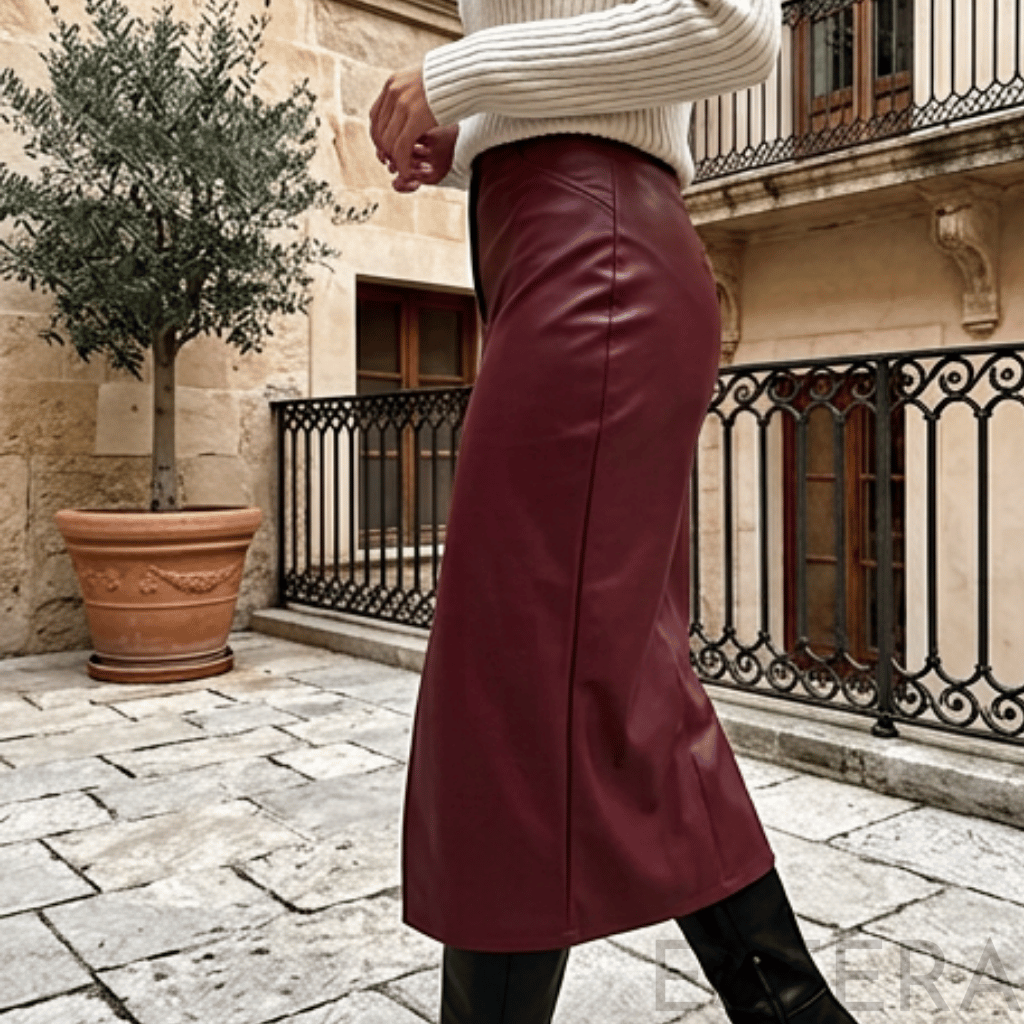 Saia Longa Couro Sintético Cintura Alta Vermelho