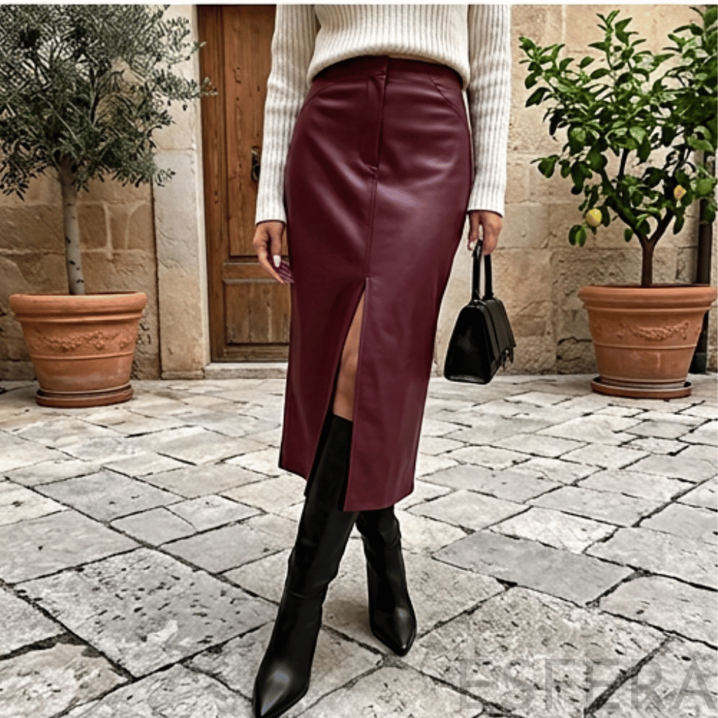 Saia Longa Couro Sintético Cintura Alta Vermelho