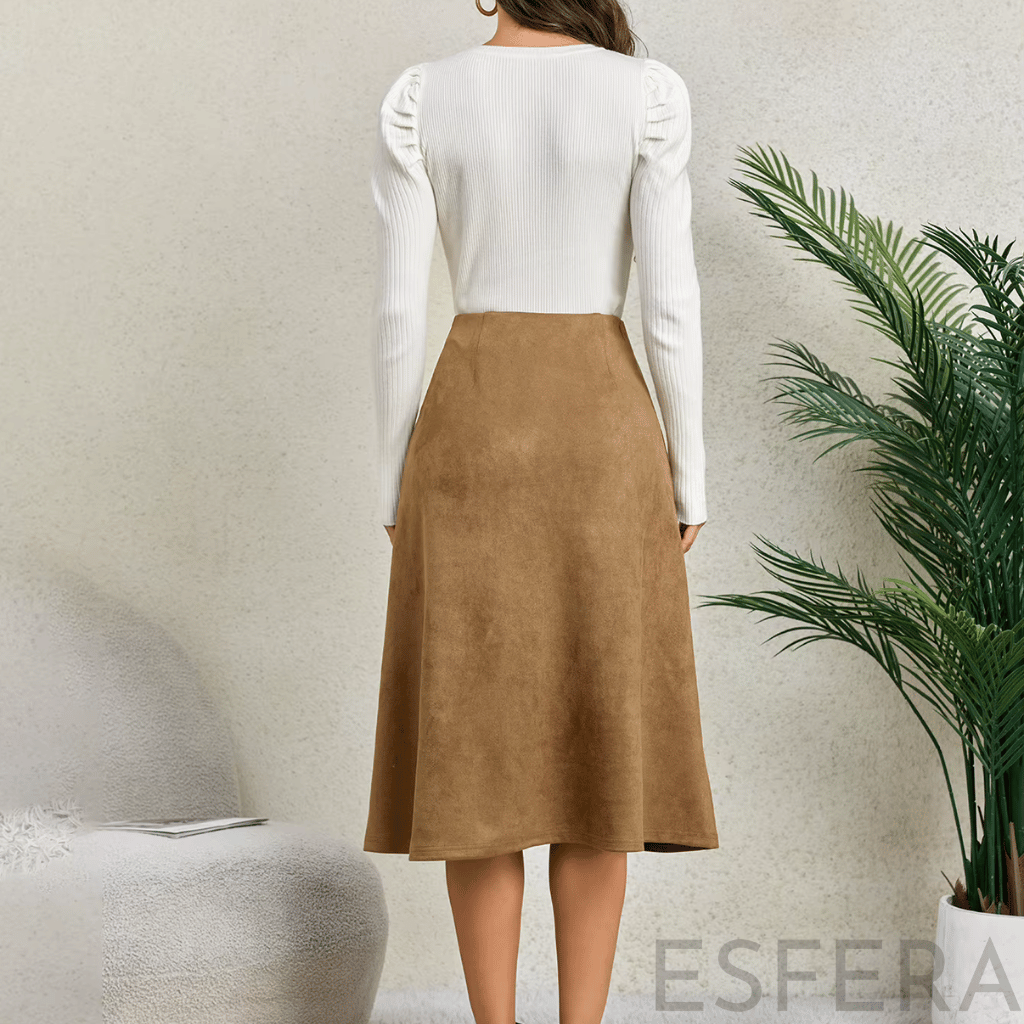 Saia Midi Camurça Mulher Evasê Caqui