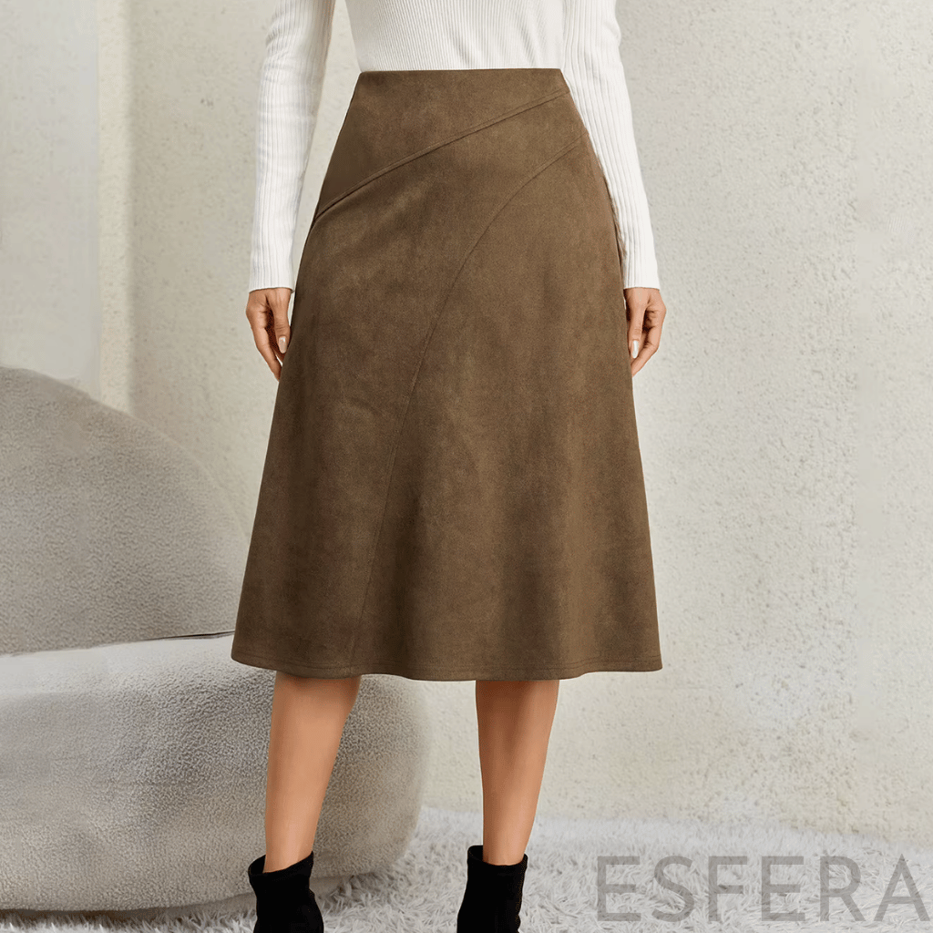 Saia Midi Camurça Mulher Evasê Castanho