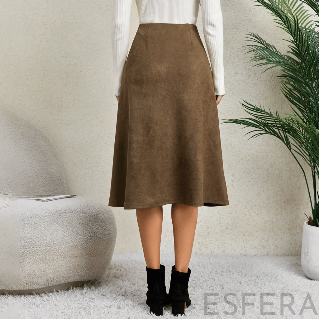 Saia Midi Camurça Mulher Evasê Castanho