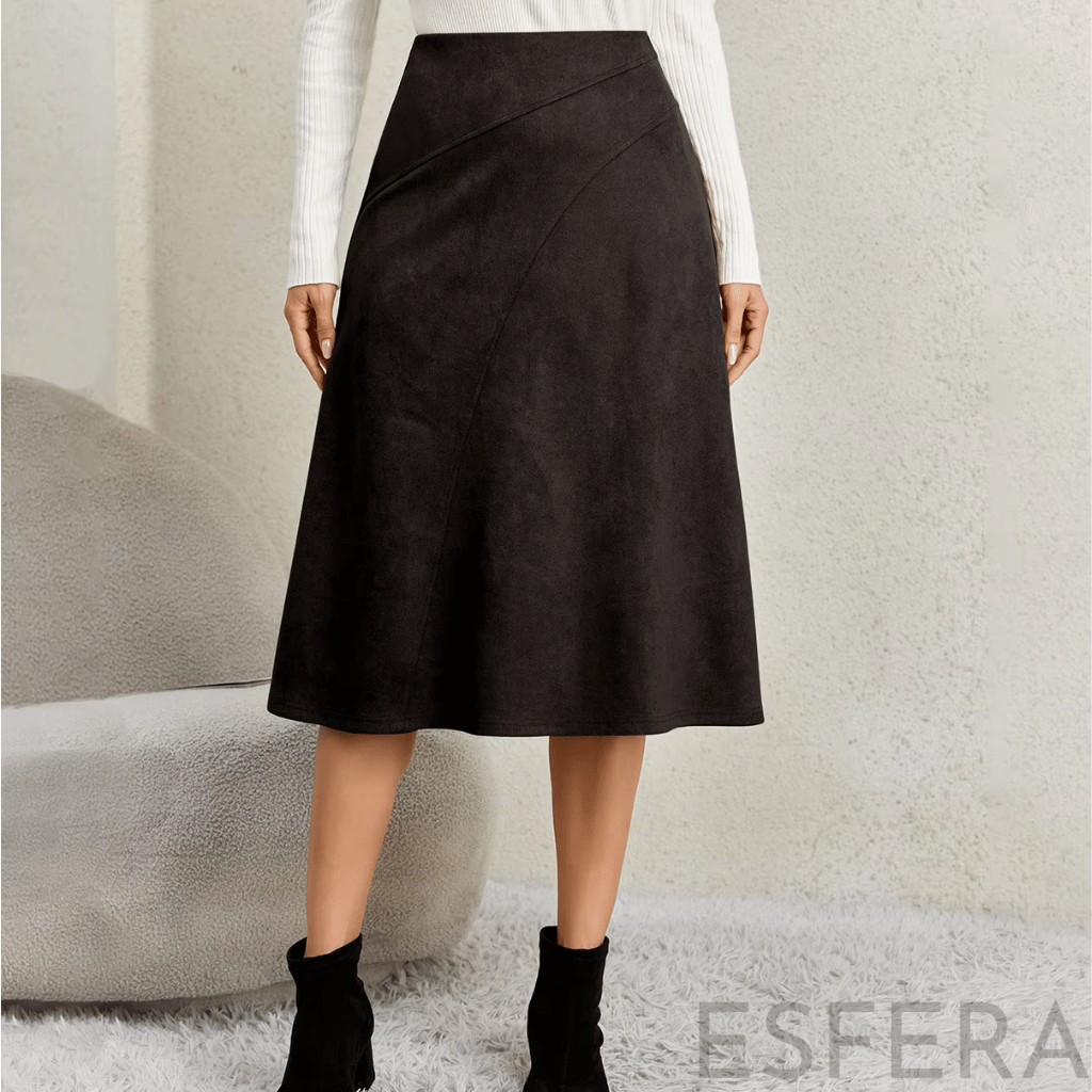 Saia Midi Camurça Mulher Evasê Preto