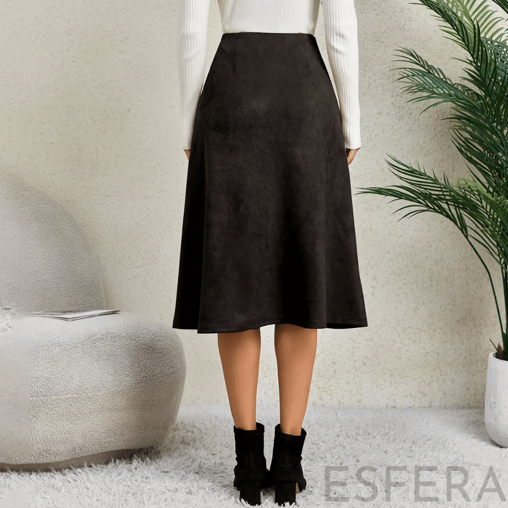 Saia Midi Camurça Mulher Evasê Preto