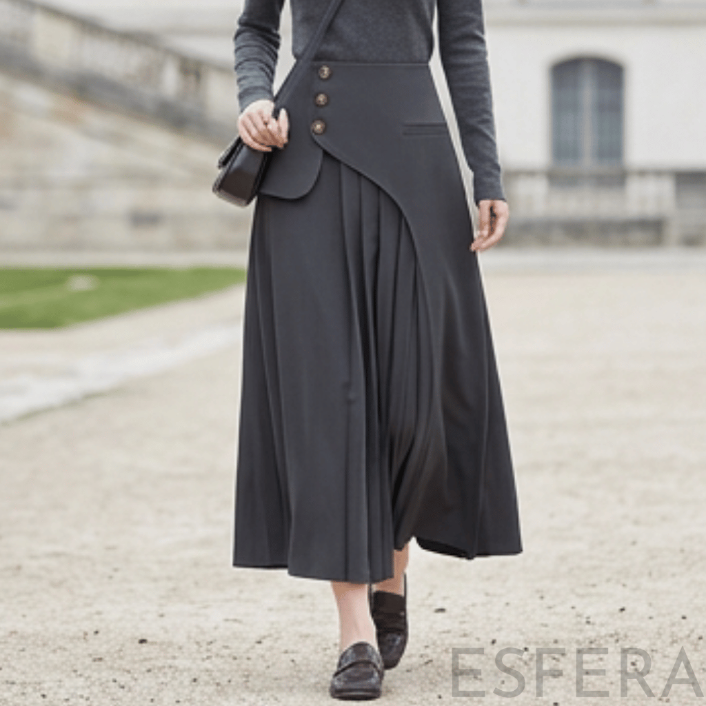 Saia Midi Cinza Flare Cintura Alta Cinzento
