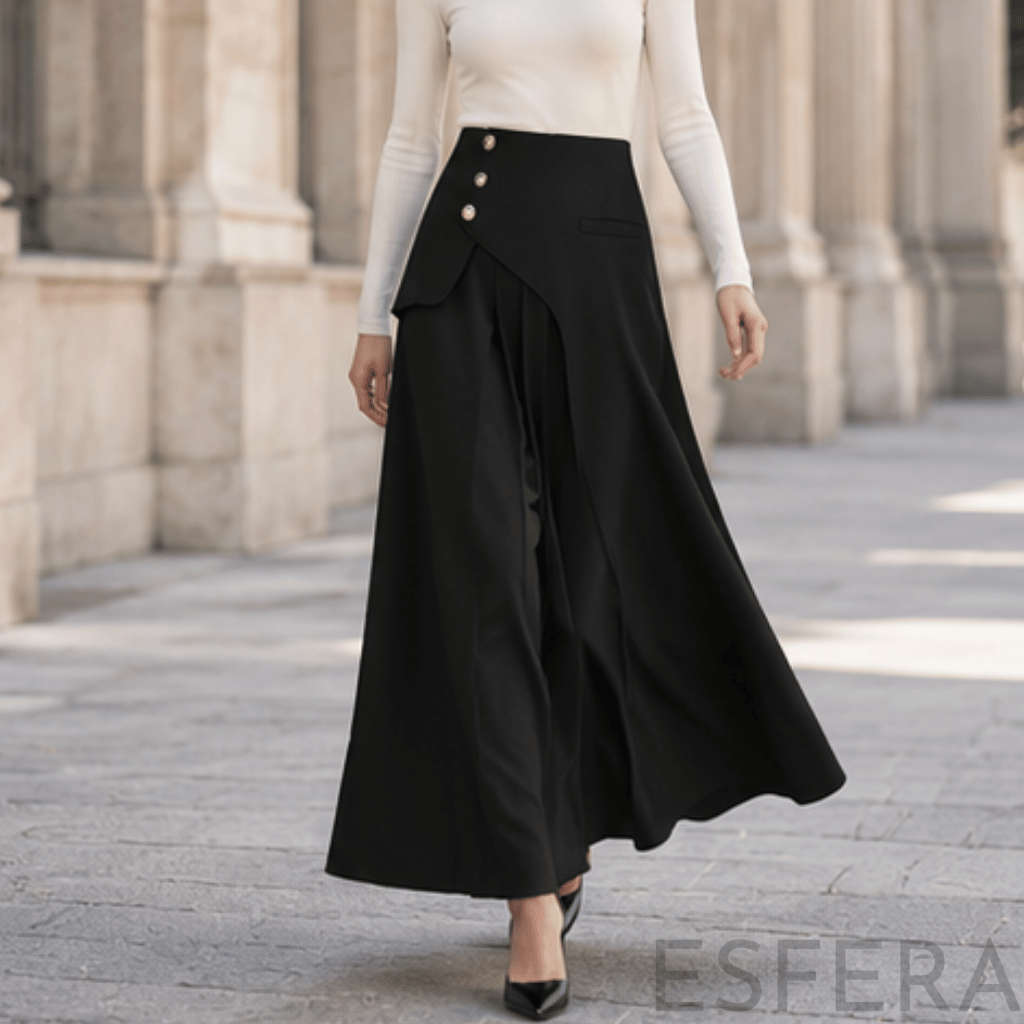 Saia Midi Preta Flare Cintura Alta