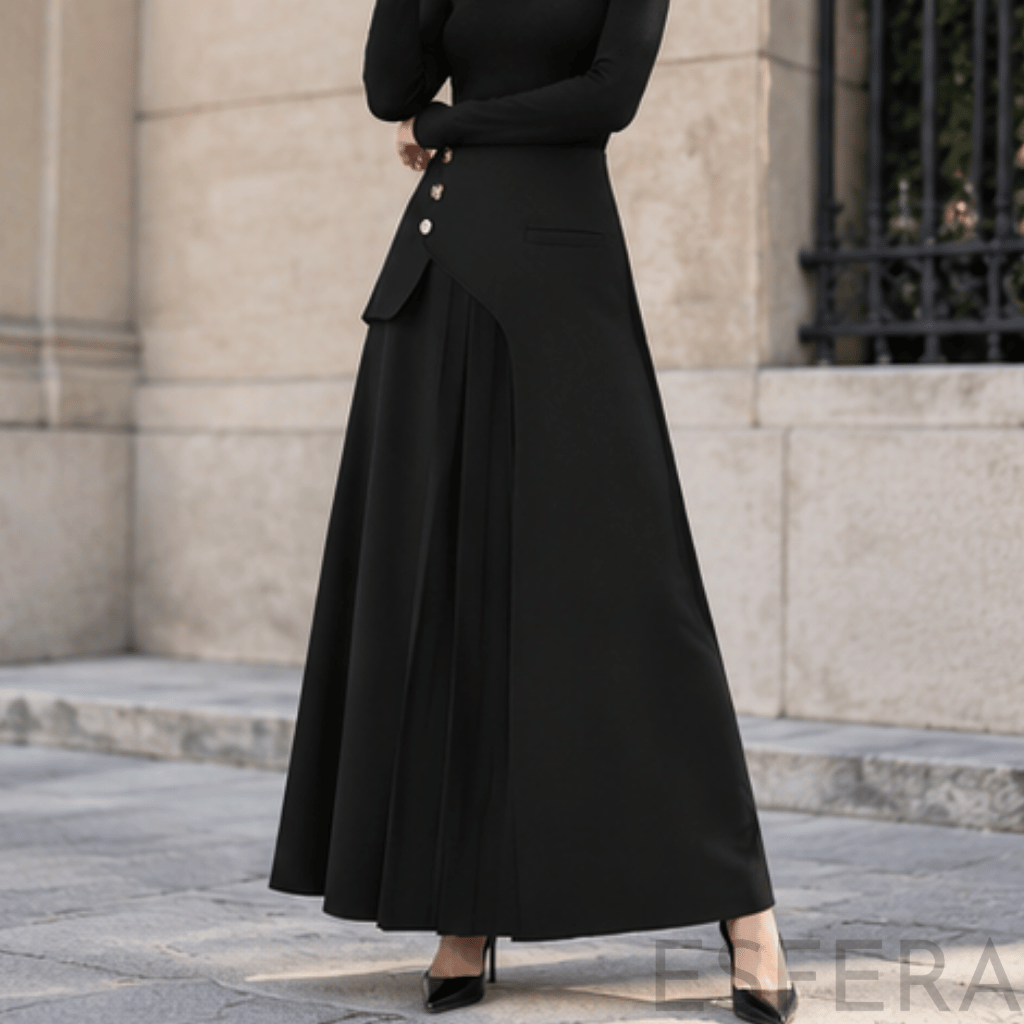 Saia Midi Preta Flare Cintura Alta