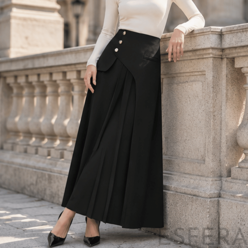 Saia Midi Preta Flare Cintura Alta