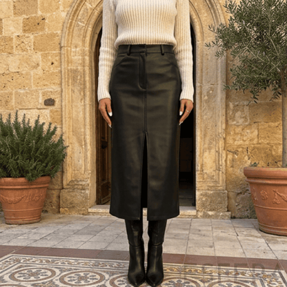 Saia Midi Mulher Couro Sintético