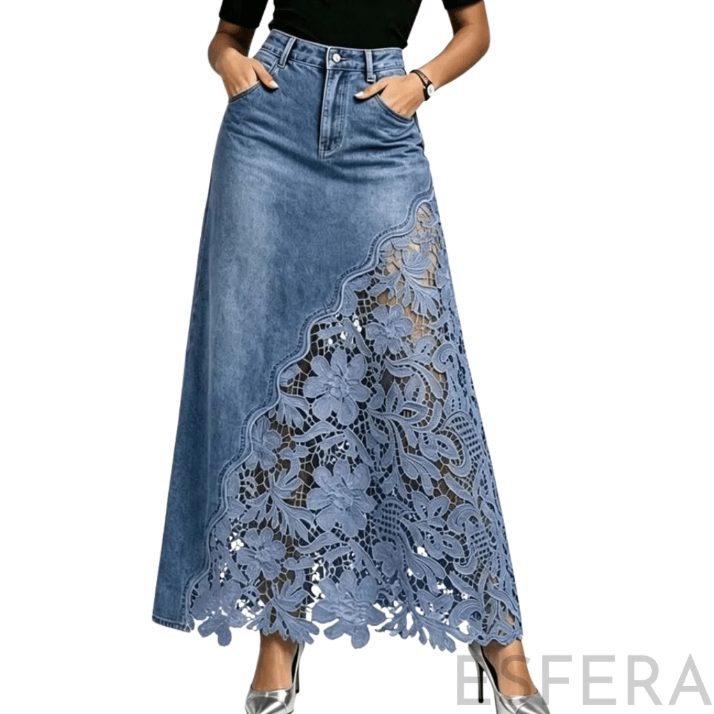 Saia de Ganga Comprida com Renda Floral Azul Claro