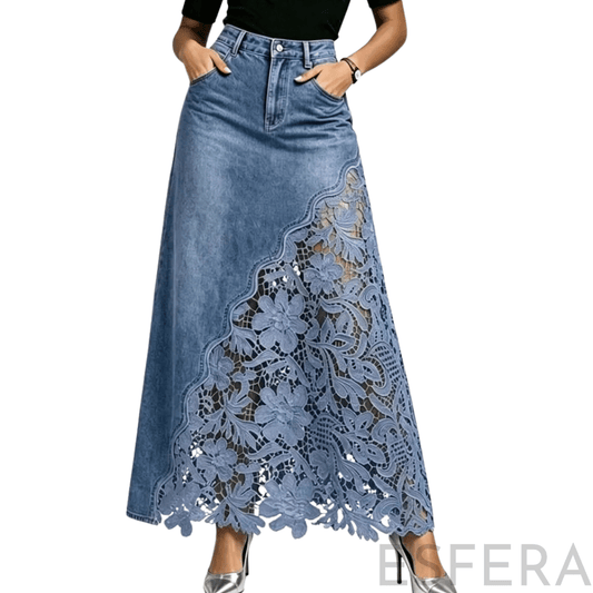 Saia de Ganga Comprida com Renda Floral Azul Claro