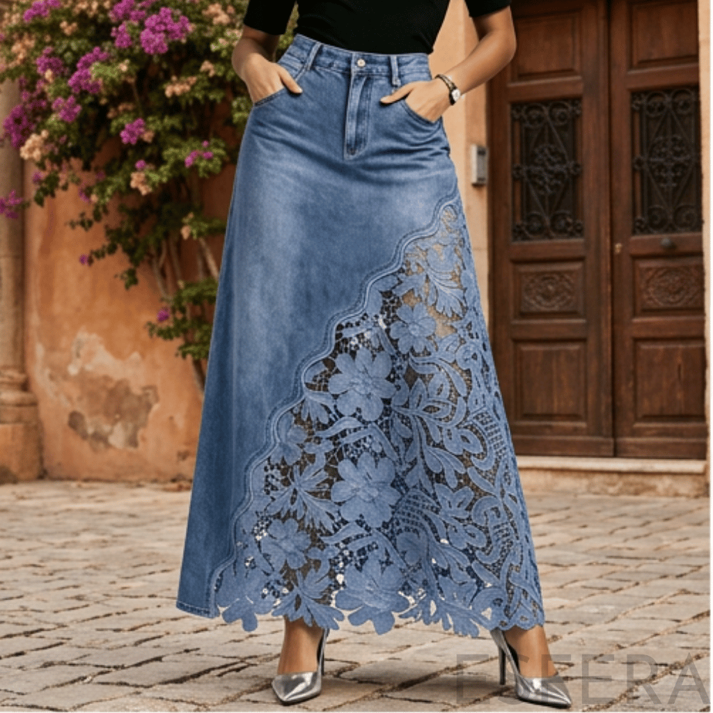 Saia de Ganga Comprida com Renda Floral Azul Claro