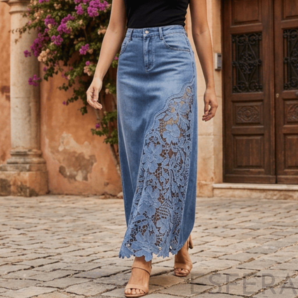 Saia de Ganga Comprida com Renda Floral Azul Claro