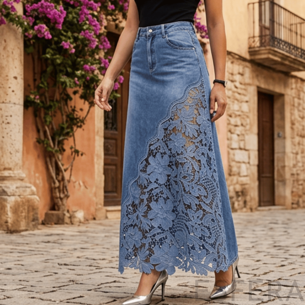 Saia de Ganga Comprida com Renda Floral Azul Claro