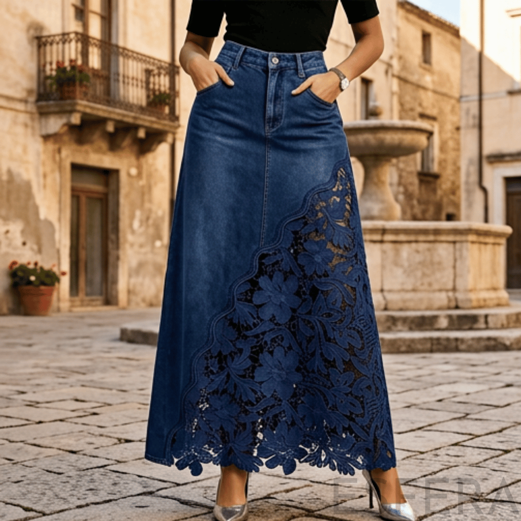 Saia de Ganga Comprida com Renda Floral Azul Escuro