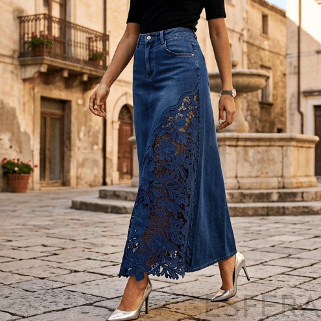 Saia de Ganga Comprida com Renda Floral Azul Escuro