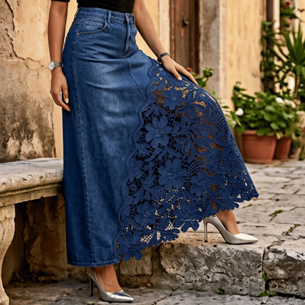 Saia de Ganga Comprida com Renda Floral Azul Escuro