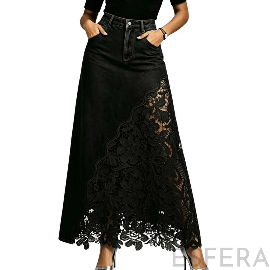 Saia de Ganga Comprida com Renda Floral Preto