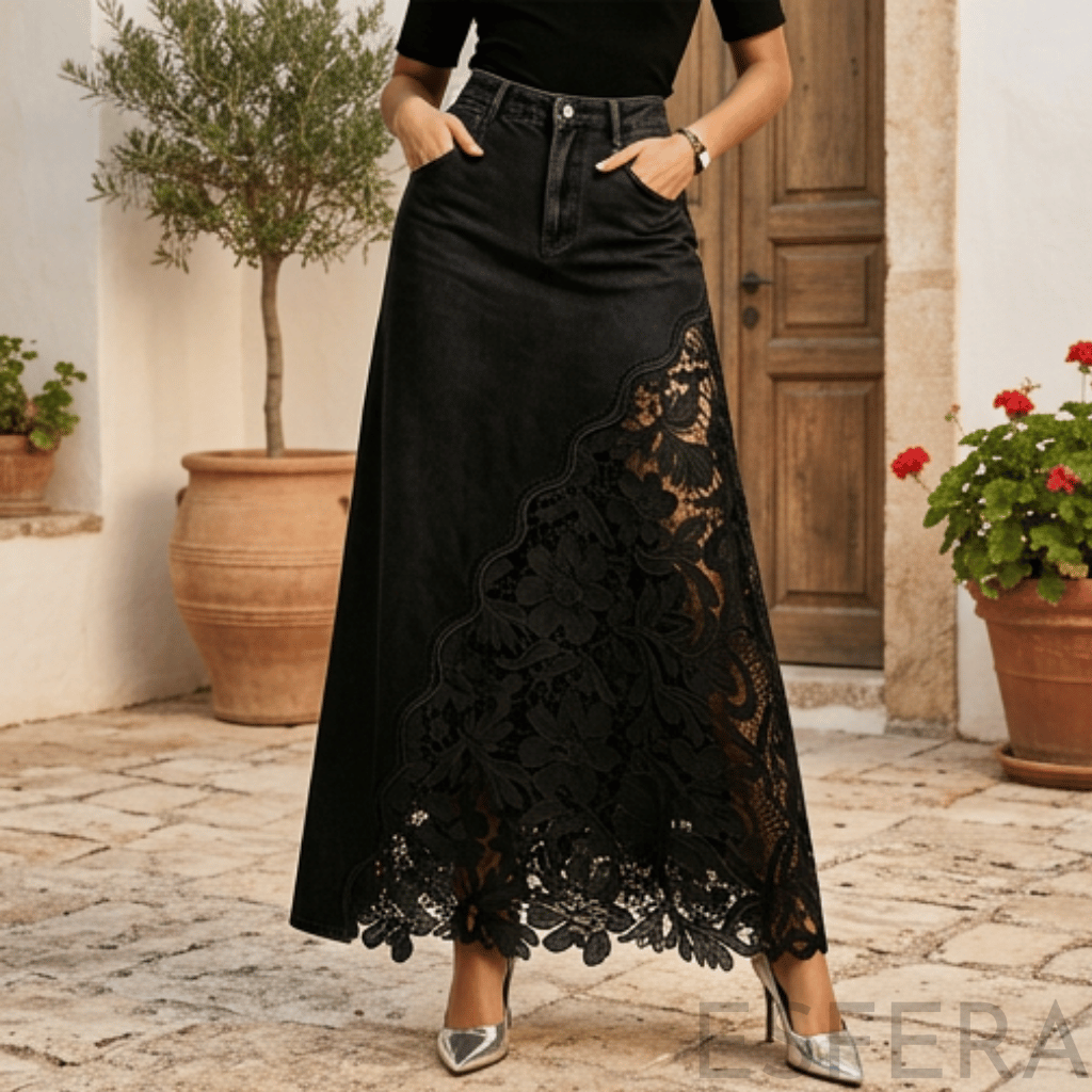 Saia de Ganga Comprida com Renda Floral Preto