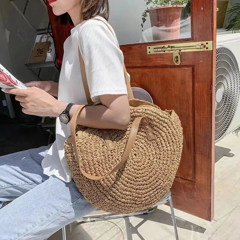 Geneviève | Bohemian Round Braided Straw Bag Camel Natural