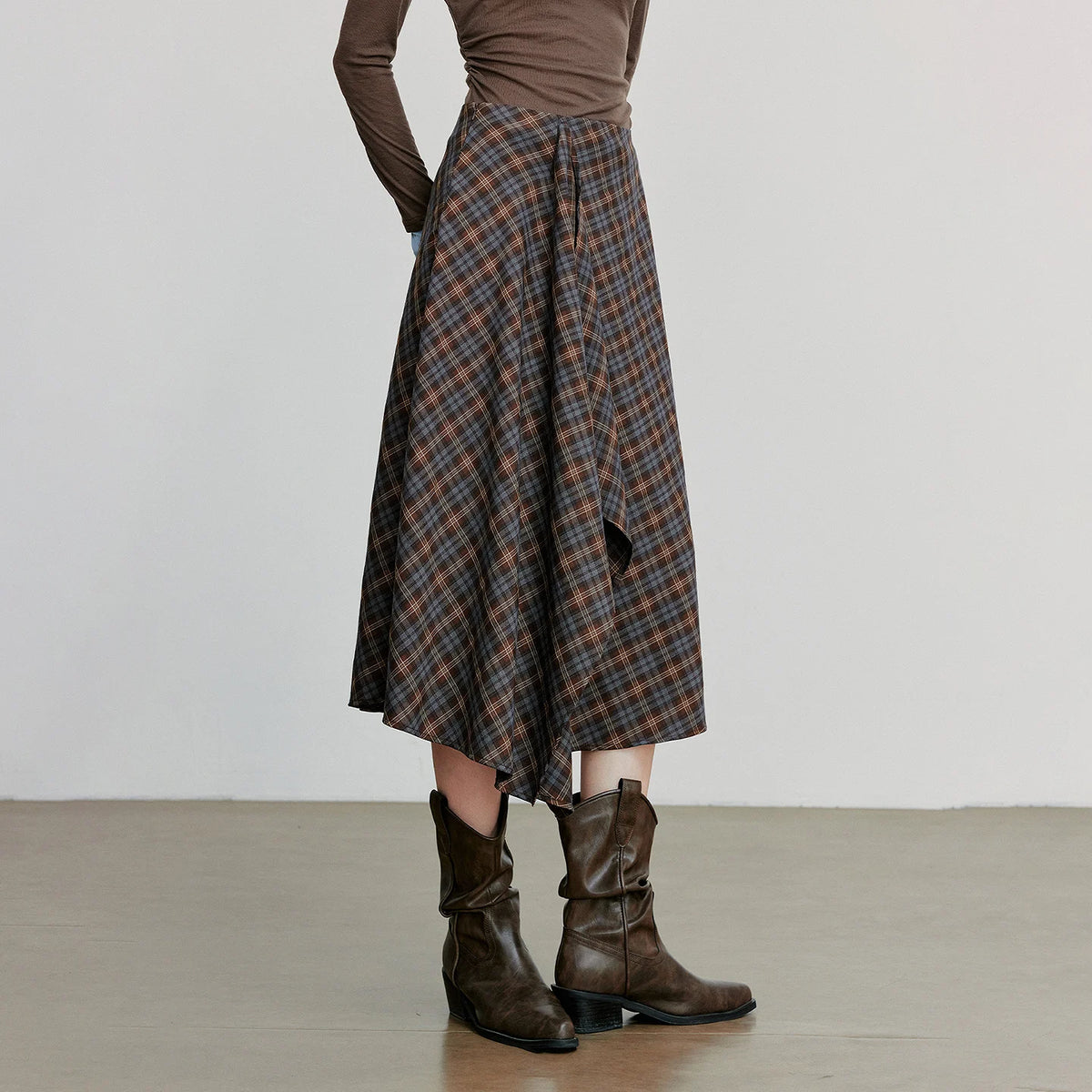 TOYOUTH Women Ankle Length Skirt 2025 Autumn New Wave Style Retro Grid A Line Irregular Umbrella Skirt