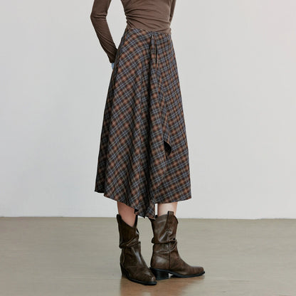 TOYOUTH Women Ankle Length Skirt 2025 Autumn New Wave Style Retro Grid A Line Irregular Umbrella Skirt