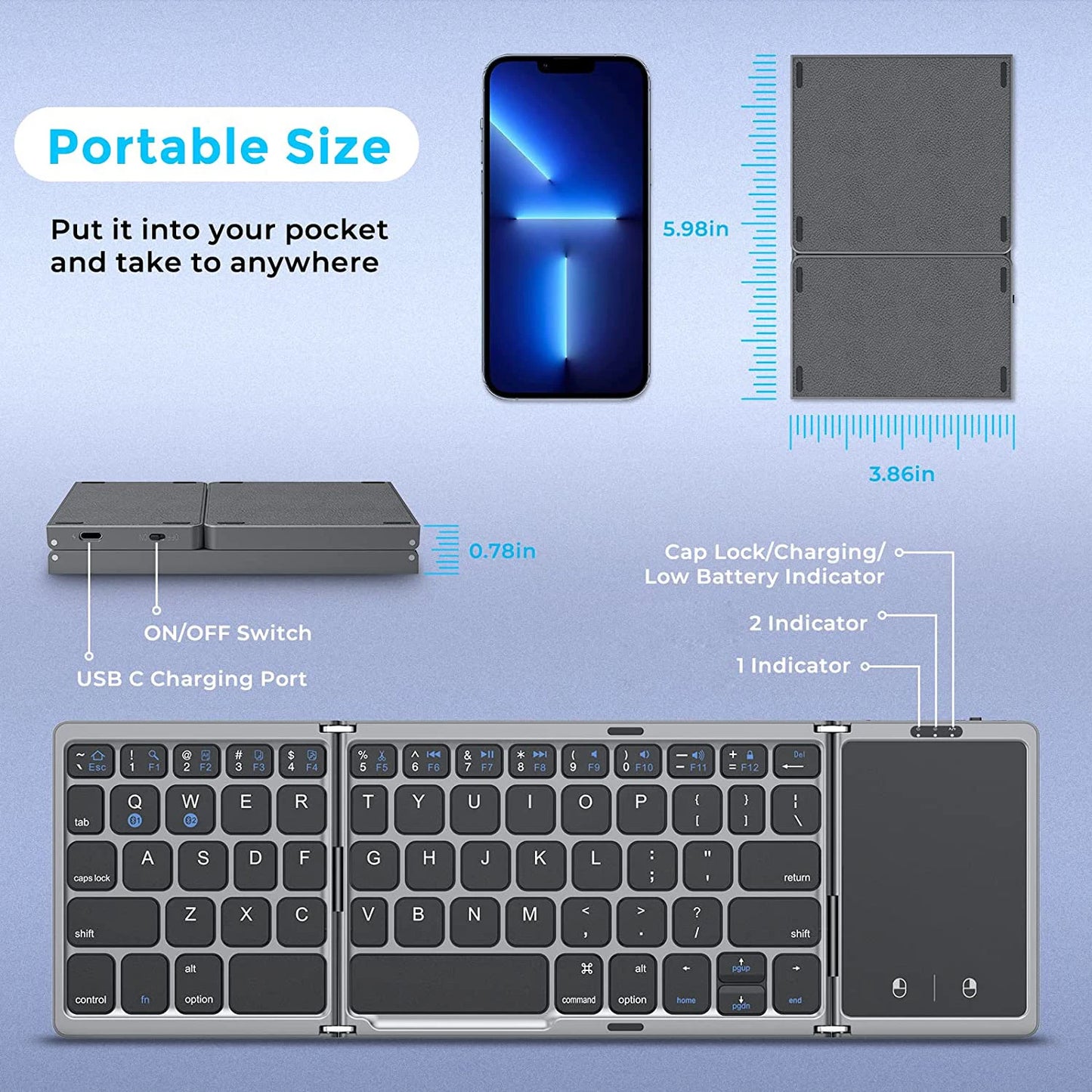 Teclado Dobrável Bluetooth com Grande Touchpad