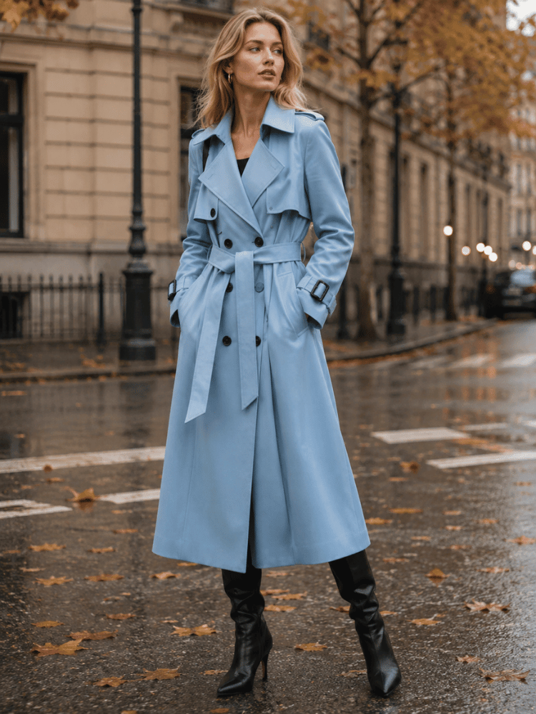 Sobretudo Mulher Gabardina Comprido com Cinto Azul
