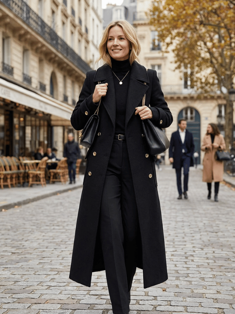 Sobretudo Mulher Trespassado Comprido Preto