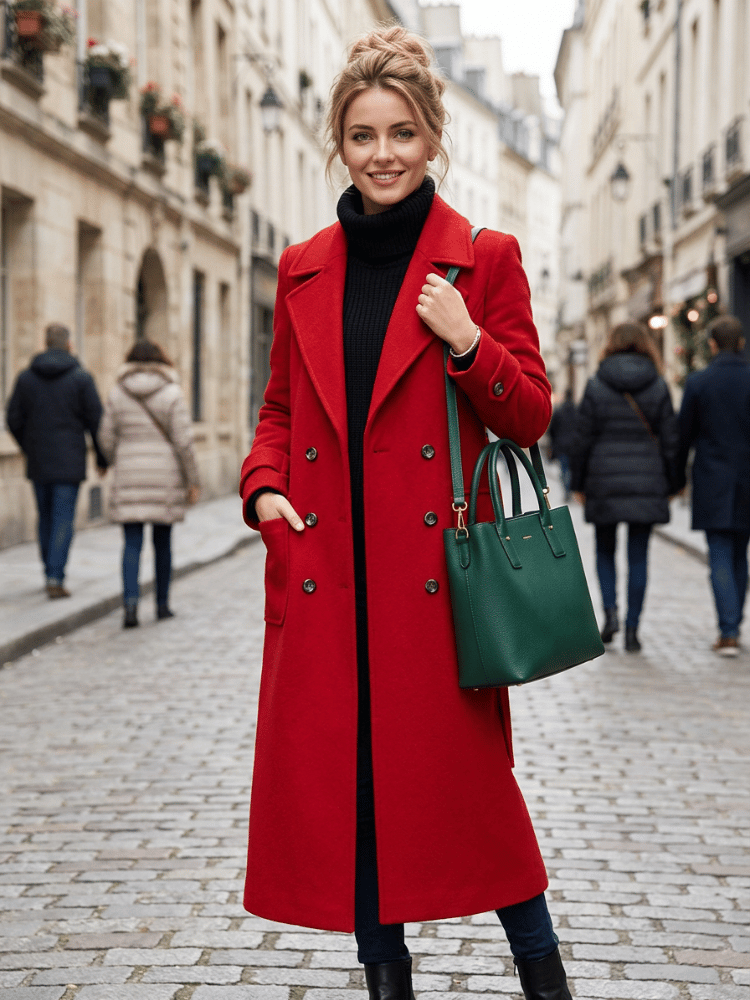 Sobretudo Mulher Trespassado Comprido Vermelho