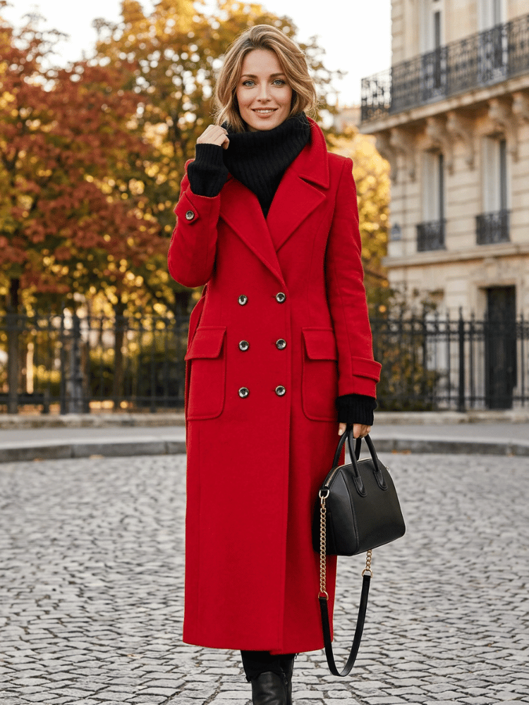 Sobretudo Mulher Trespassado Comprido Vermelho