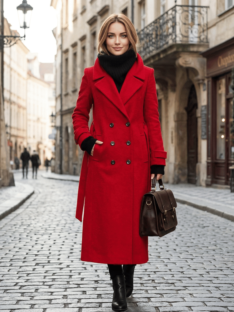 Sobretudo Mulher Trespassado Comprido Vermelho