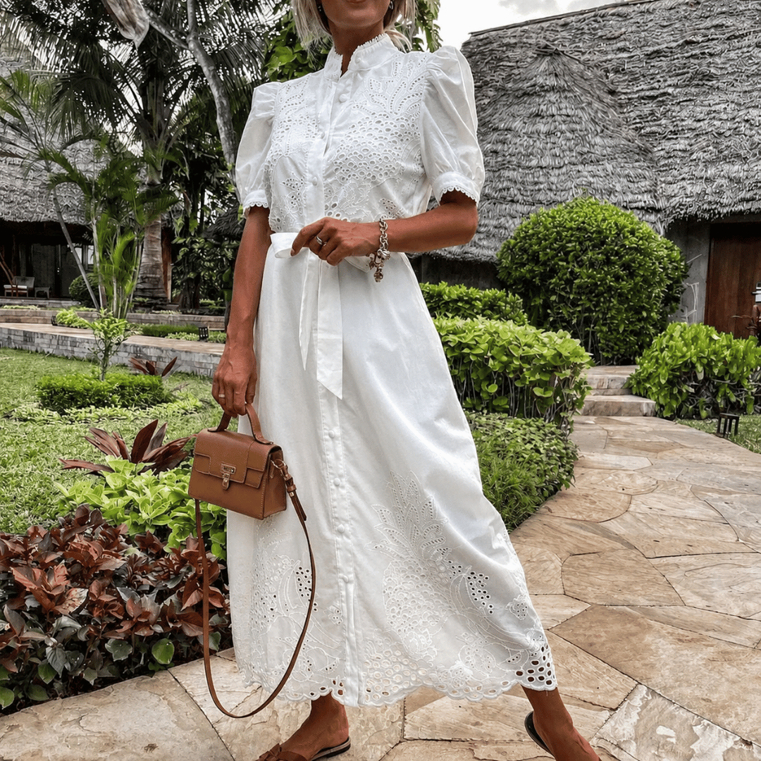 Alina | Vestido Maxi Bordado em Algodão e Linho Branco