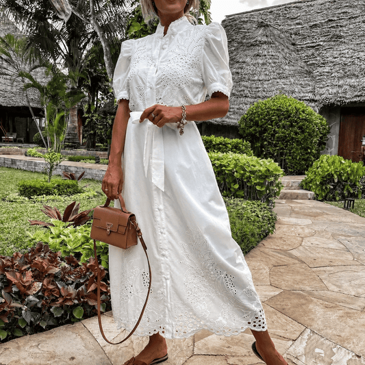 Alina | Vestido Maxi Bordado em Algodão e Linho Branco